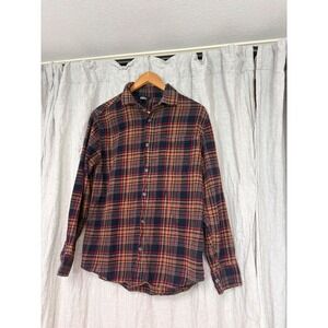 Eddie Bauer Mens M Plaid Flannel Shirt Long Sleeve Cotton Navy Red Orange